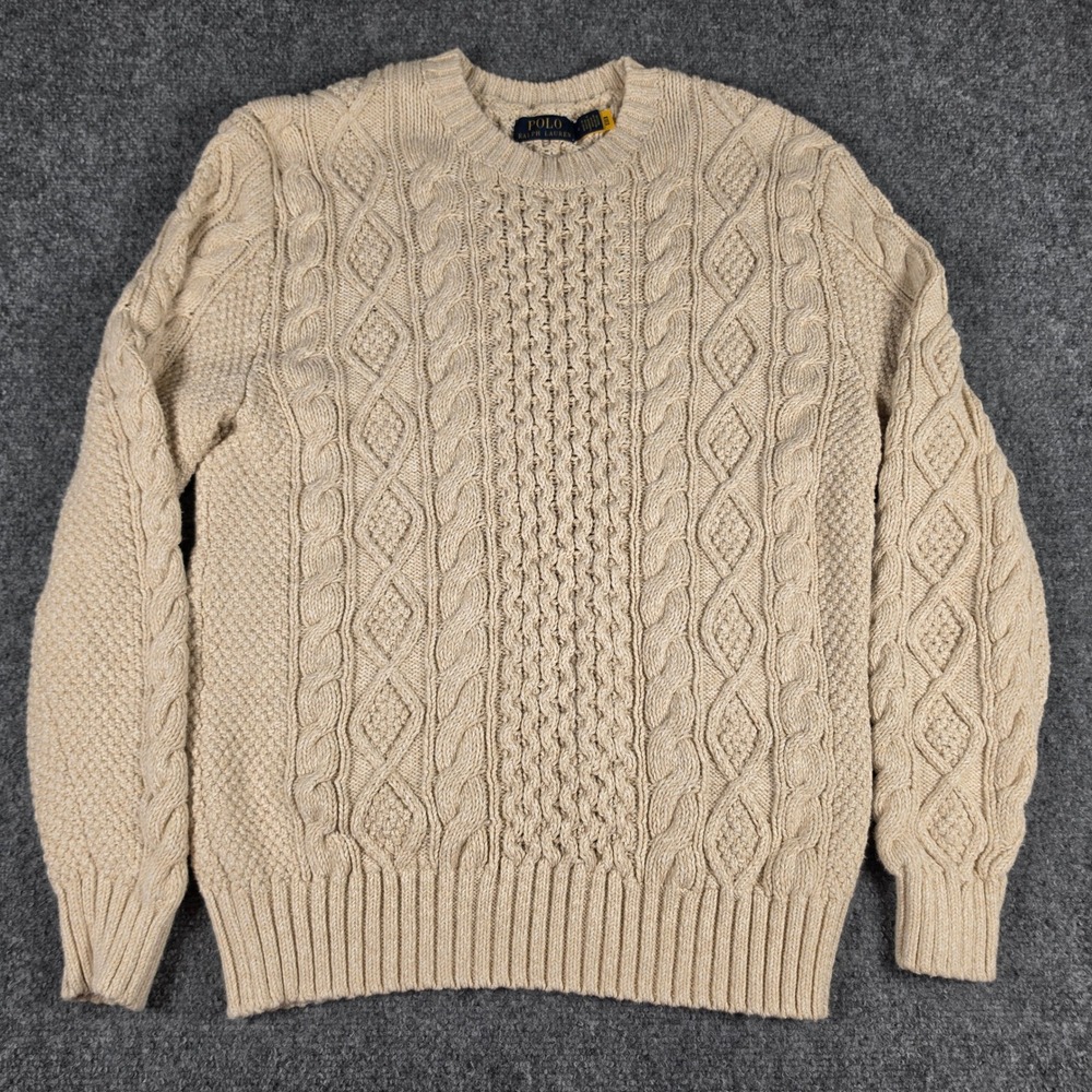 Polo Ralph Lauren Sweater Mens M Beige Cable Knit Cotton Fisherman Crewneck